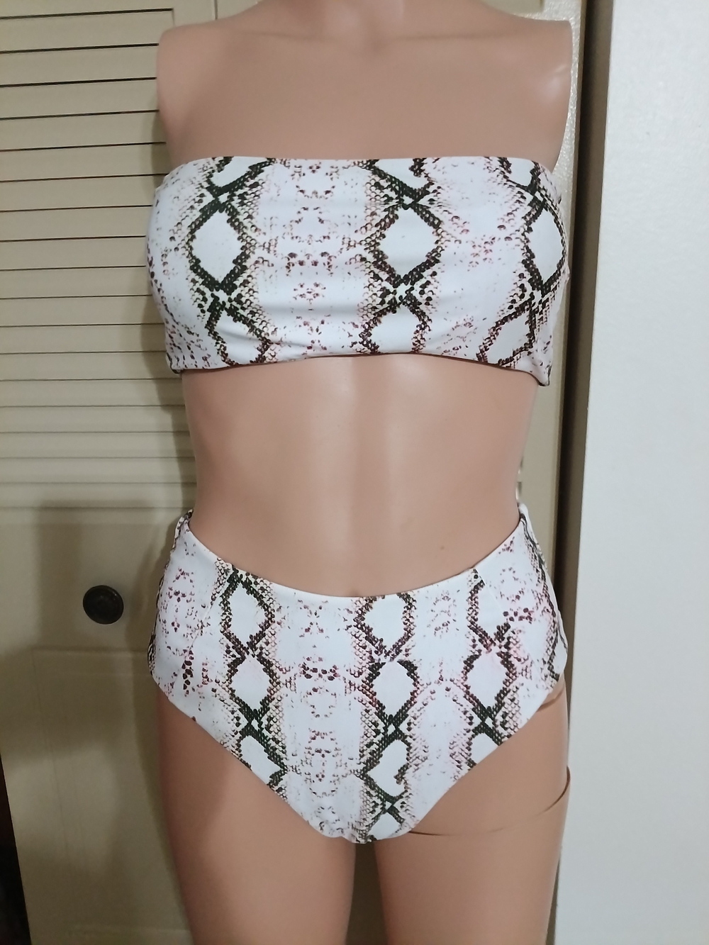 Snake Print Bandeau Bikini Set in White and Green